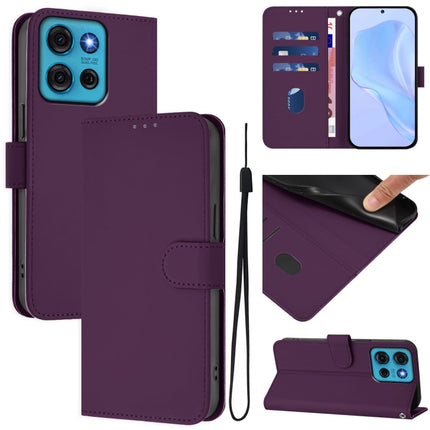 Skin Feel Solid Color Leather Phone Case with Lanyard, For Motorola Moto G75 5G