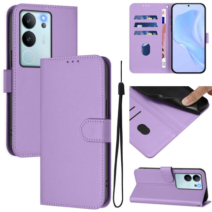 Skin Feel Solid Color Leather Phone Case with Lanyard, For vivo V30 Lite 5G Global