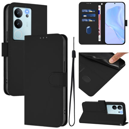 Skin Feel Solid Color Leather Phone Case with Lanyard, For vivo V30 Lite 5G Global
