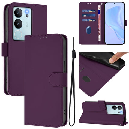 Skin Feel Solid Color Leather Phone Case with Lanyard, For vivo V30 Lite 5G Global