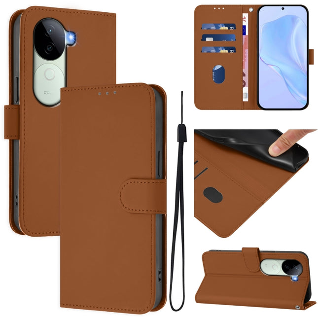 Skin Feel Solid Color Leather Phone Case with Lanyard, For vivo V40E 5G India / iQOO Z9s 5G