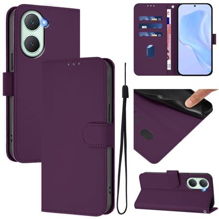 Skin Feel Solid Color Leather Phone Case with Lanyard, For vivo Y03 4G Global / Y18 4G