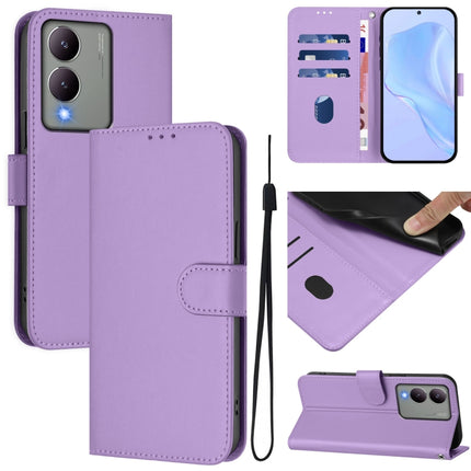 Skin Feel Solid Color Leather Phone Case with Lanyard, For vivo Y17S 4G Global