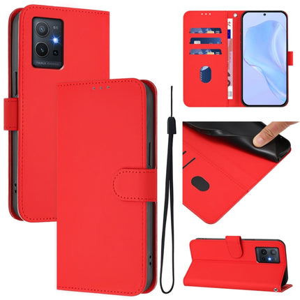 Skin Feel Solid Color Leather Phone Case with Lanyard, For vivo Y55S 2023 5G / Y55 5G Global