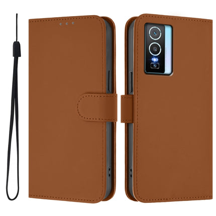 Skin Feel Solid Color Leather Phone Case with Lanyard, For vivo Y76 5G