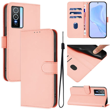 Skin Feel Solid Color Leather Phone Case with Lanyard, For vivo Y76 5G
