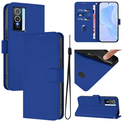 Skin Feel Solid Color Leather Phone Case with Lanyard, For vivo Y76 5G
