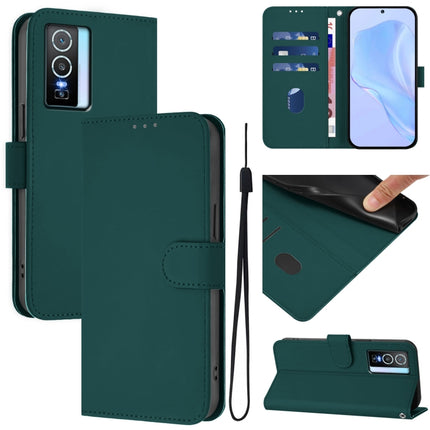 Skin Feel Solid Color Leather Phone Case with Lanyard, For vivo Y76 5G