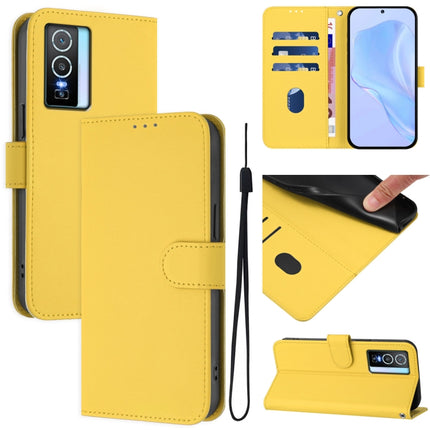 Skin Feel Solid Color Leather Phone Case with Lanyard, For vivo Y76 5G