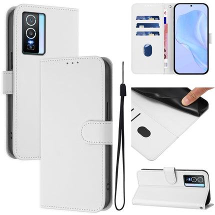 Skin Feel Solid Color Leather Phone Case with Lanyard, For vivo Y76 5G