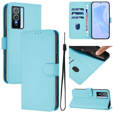 Skin Feel Solid Color Leather Phone Case with Lanyard, For vivo Y76 5G