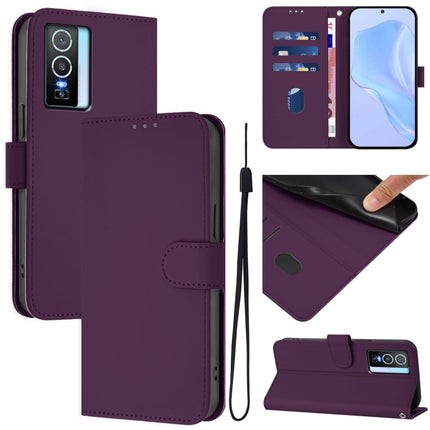 Skin Feel Solid Color Leather Phone Case with Lanyard, For vivo Y76 5G