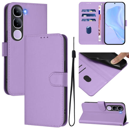 Skin Feel Solid Color Leather Phone Case with Lanyard, For vivo V40 Lite 5G IDN