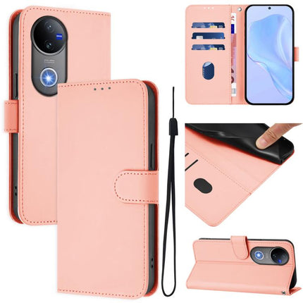 Skin Feel Solid Color Leather Phone Case with Lanyard, For vivo V50 Global