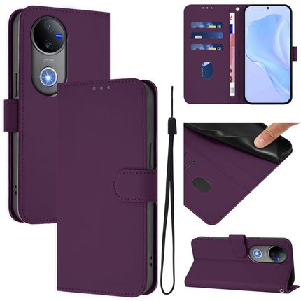 Skin Feel Solid Color Leather Phone Case with Lanyard, For vivo V50 Global