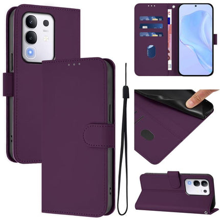 Skin Feel Solid Color Leather Phone Case with Lanyard, For vivo Y29 4G Global