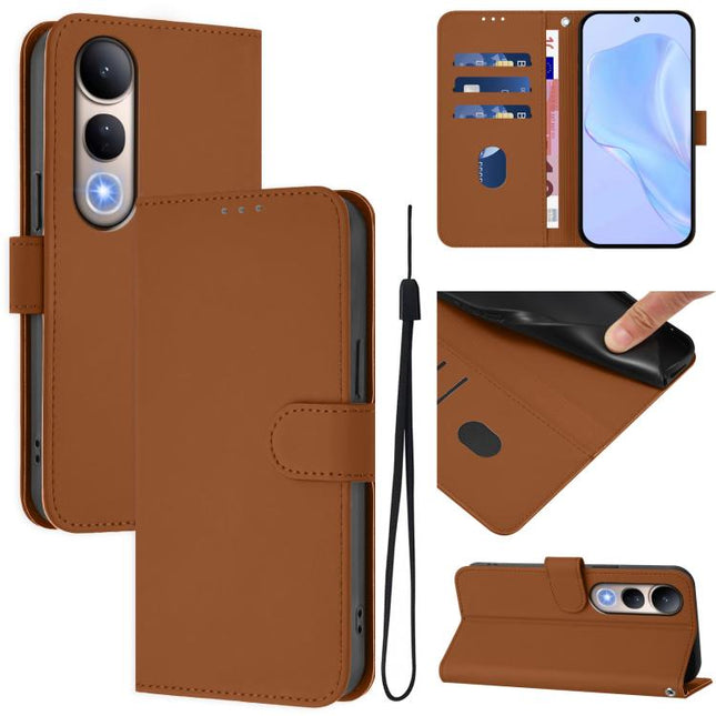 Skin Feel Solid Color Leather Phone Case with Lanyard, For vivo V50 Lite 5G