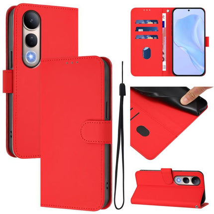 Skin Feel Solid Color Leather Phone Case with Lanyard, For vivo V50 Lite 5G