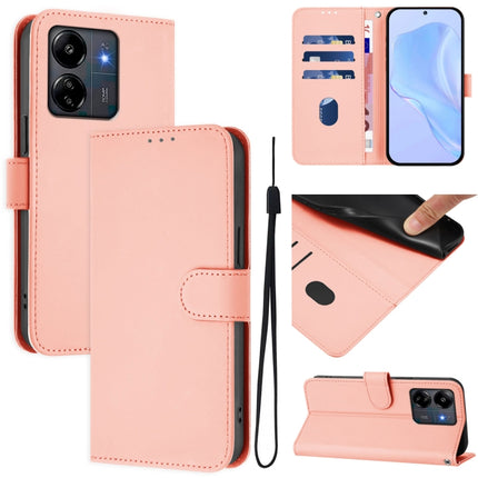 Skin Feel Solid Color Leather Phone Case with Lanyard, For Redmi 13C 4G Global
