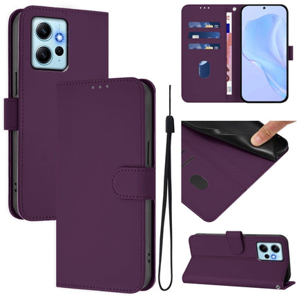 Skin Feel Solid Color Leather Phone Case with Lanyard, For Redmi Note 12 4G Global