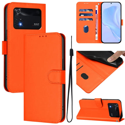 Skin Feel Solid Color Leather Phone Case with Lanyard, For Xiaomi Poco M4 Pro 4G