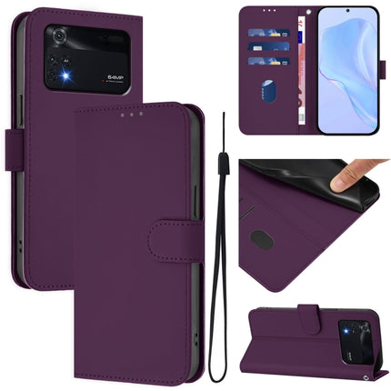 Skin Feel Solid Color Leather Phone Case with Lanyard, For Xiaomi Poco M4 Pro 4G