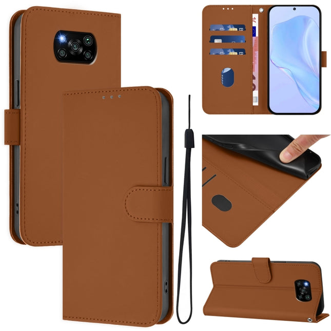 Skin Feel Solid Color Leather Phone Case with Lanyard, For Xiaomi Poco X3 Pro / X3 NFC / X3