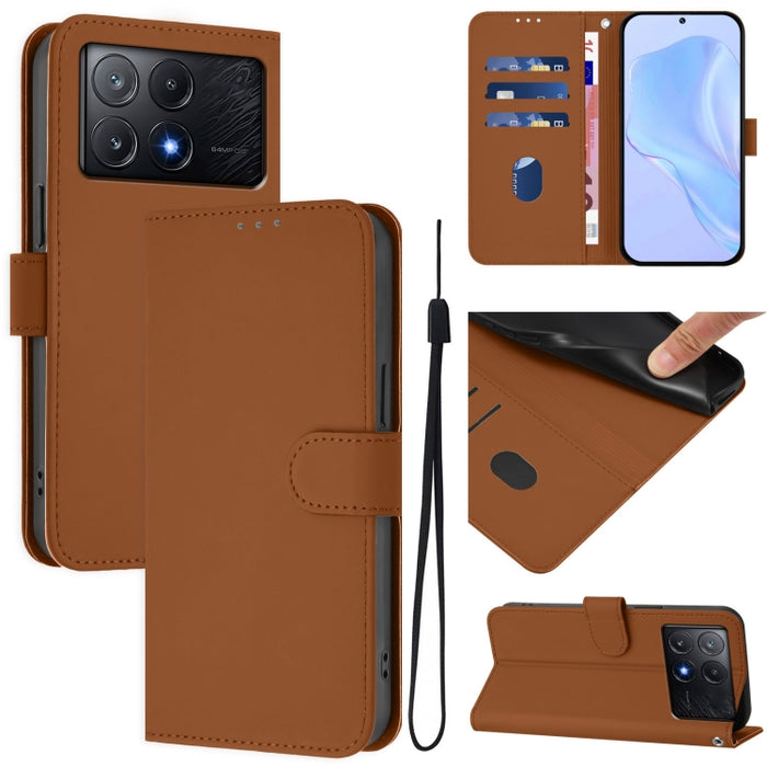 Skin Feel Solid Color Leather Phone Case with Lanyard, For Xiaomi Poco X6 Pro