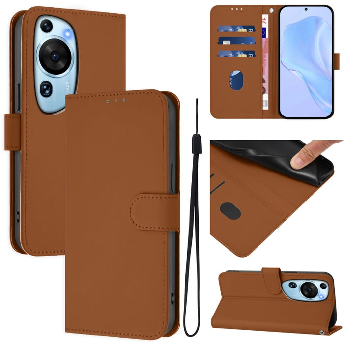 Skin Feel Solid Color Leather Phone Case with Lanyard, For Huawei P60 Art