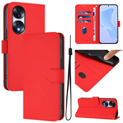 Skin Feel Solid Color Leather Phone Case with Lanyard, For Honor 70