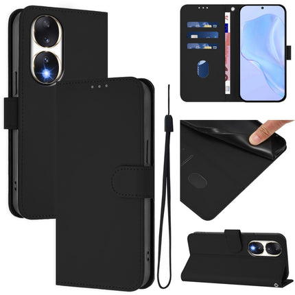 Skin Feel Solid Color Leather Phone Case with Lanyard, For Honor 90