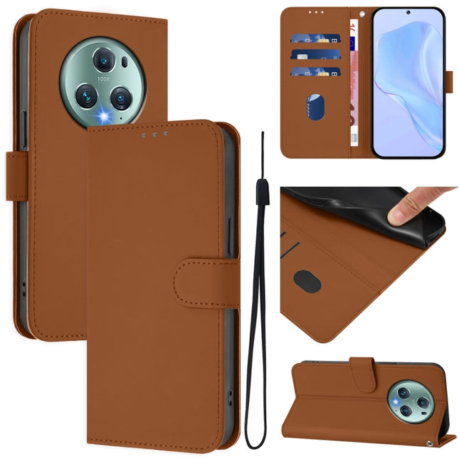 Skin Feel Solid Color Leather Phone Case with Lanyard, For Honor Magic5 Pro
