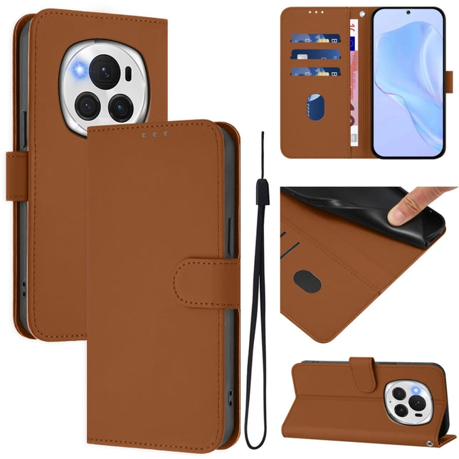 Skin Feel Solid Color Leather Phone Case with Lanyard, For Honor Magic6 Pro