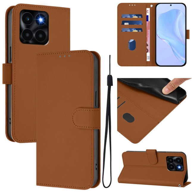 Skin Feel Solid Color Leather Phone Case with Lanyard, For Honor X6a 4G