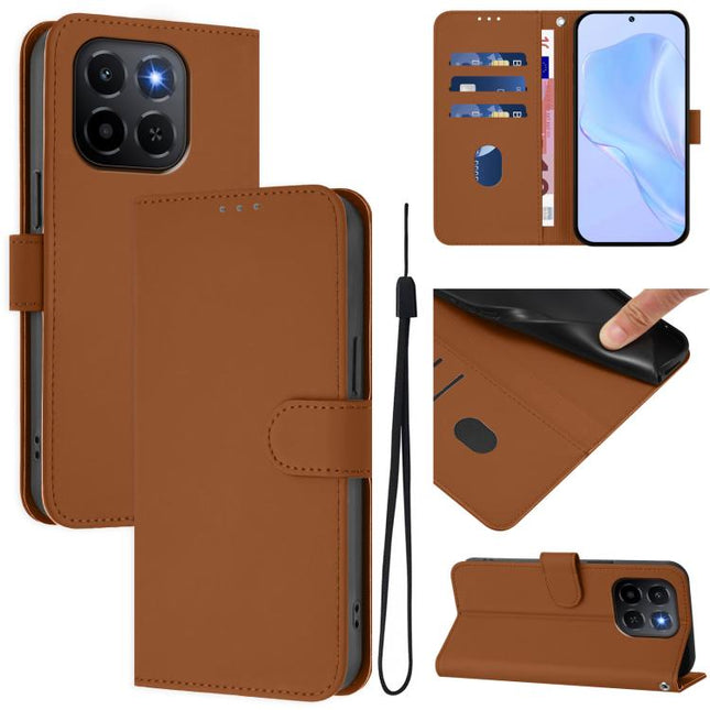 Skin Feel Solid Color Leather Phone Case with Lanyard, For Honor X6C 4G