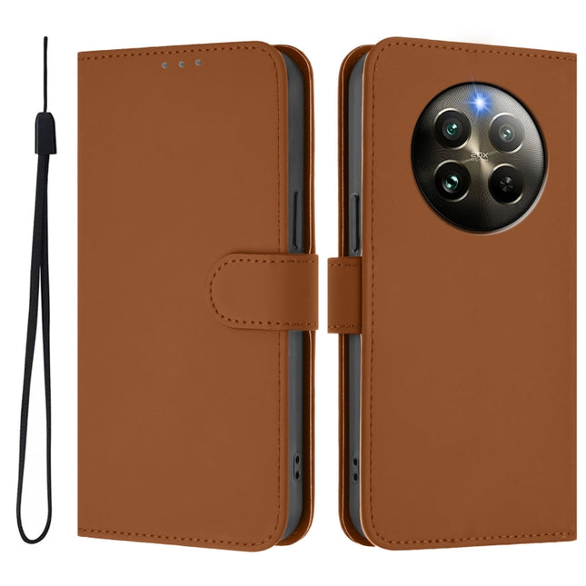 Skin Feel Solid Color Leather Phone Case with Lanyard, For Realme 12+ 5G Global