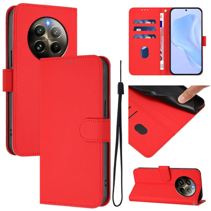 Skin Feel Solid Color Leather Phone Case with Lanyard, For Realme 12+ 5G Global