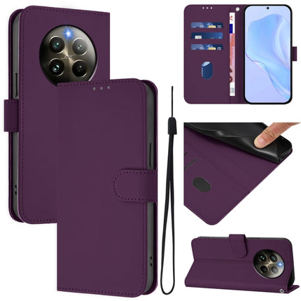 Skin Feel Solid Color Leather Phone Case with Lanyard, For Realme 12+ 5G Global
