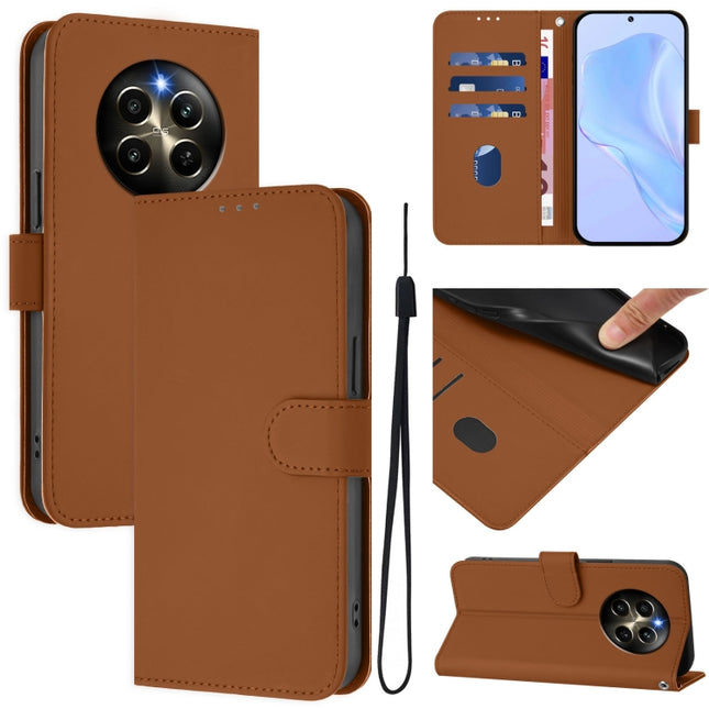 Skin Feel Solid Color Leather Phone Case with Lanyard, For Realme 12 Pro 5G Global