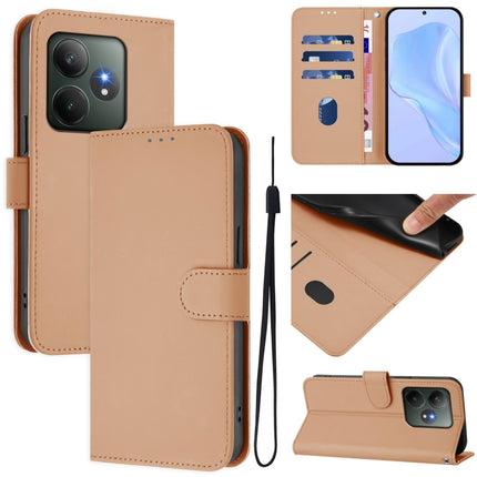 Skin Feel Solid Color Leather Phone Case with Lanyard, For Realme GT 6 5G Global