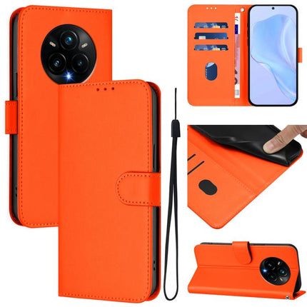 Skin Feel Solid Color Leather Phone Case with Lanyard, For Realme 14 Pro+