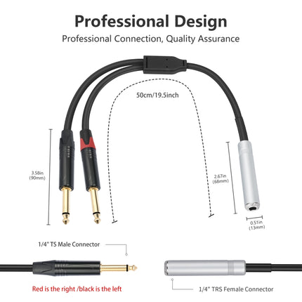 6.35mm 1/4 TRS Stereo Female to Dual Male Y-type Audio Cable, 6.35mm F to 2 x M