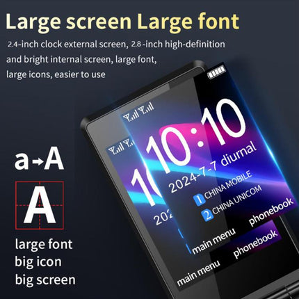 M7+ 4G Dual Screen Flip Elder Rugged Phone, 2.8 inch Inner, 2.4 inch Outer, 6800mAh Battery, 24 Keys, Flashlight, Network: 4G, Dual SIM, SOS, EU Plug, US Plug, UK Plug