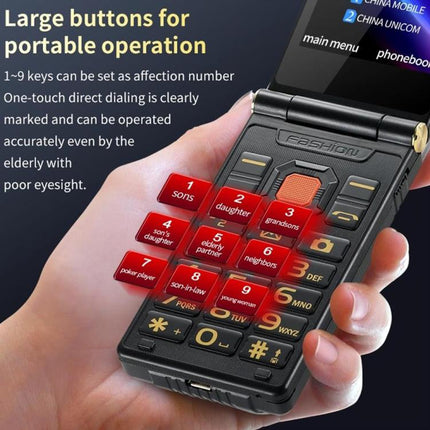 M7+ 4G Dual Screen Flip Elder Rugged Phone, 2.8 inch Inner, 2.4 inch Outer, 6800mAh Battery, 24 Keys, Flashlight, Network: 4G, Dual SIM, SOS, EU Plug, US Plug, UK Plug