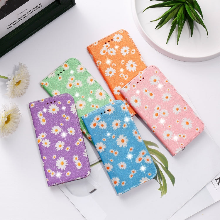 Glitzernde, magnetische horizontale Flip-Lederhülle mit Daisy-Motiv, mit Halterung, Kartenfächern und Bilderrahmen, für Samsung Galaxy Note20, für Samsung Galaxy Note20 Ultra, für iPhone 12 Pro Max, für iPhone 12/12 Pro, für iPhone 12 mini