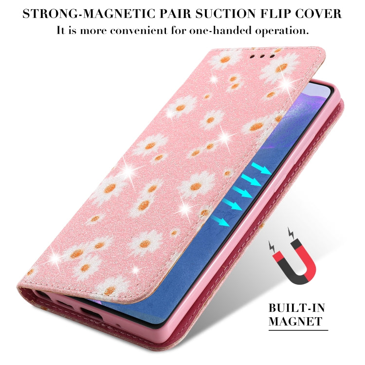 Glitzernde, magnetische horizontale Flip-Lederhülle mit Daisy-Motiv, mit Halterung, Kartenfächern und Bilderrahmen, für Samsung Galaxy Note20, für Samsung Galaxy Note20 Ultra, für iPhone 12 Pro Max, für iPhone 12/12 Pro, für iPhone 12 mini