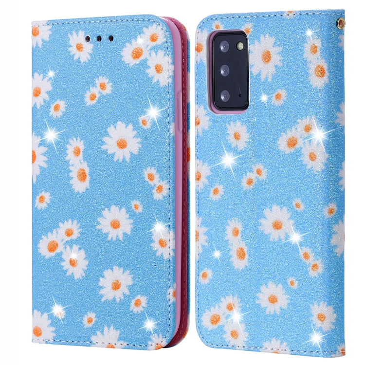 Glitzernde, magnetische horizontale Flip-Lederhülle mit Daisy-Motiv, mit Halterung, Kartenfächern und Bilderrahmen, für Samsung Galaxy Note20, für Samsung Galaxy Note20 Ultra, für iPhone 12 Pro Max, für iPhone 12/12 Pro, für iPhone 12 mini