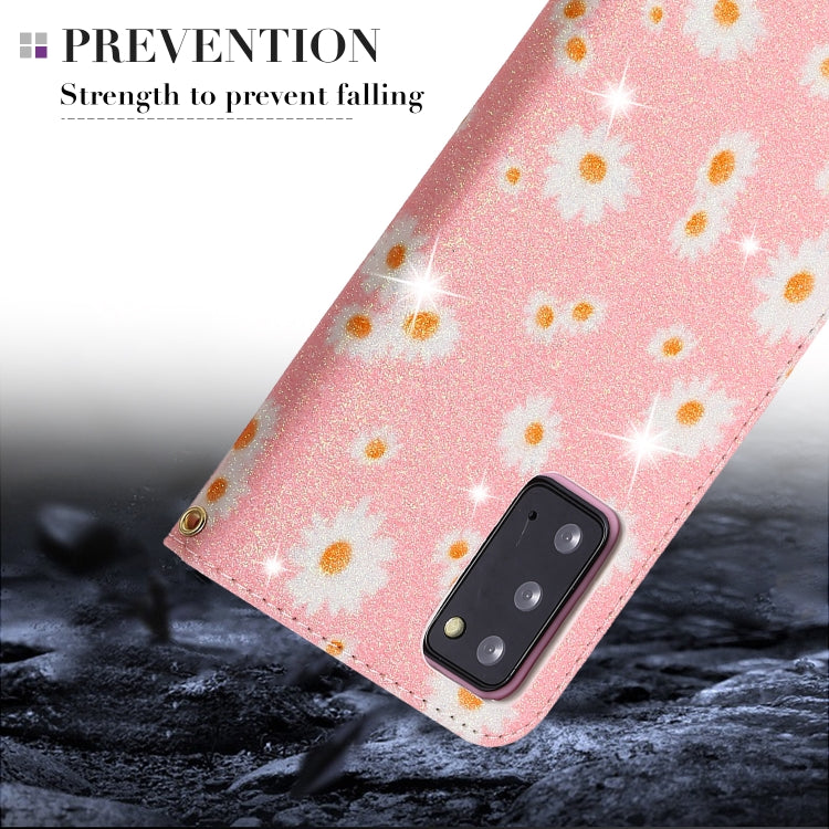 Glitzernde, magnetische horizontale Flip-Lederhülle mit Daisy-Motiv, mit Halterung, Kartenfächern und Bilderrahmen, für Samsung Galaxy Note20, für Samsung Galaxy Note20 Ultra, für iPhone 12 Pro Max, für iPhone 12/12 Pro, für iPhone 12 mini