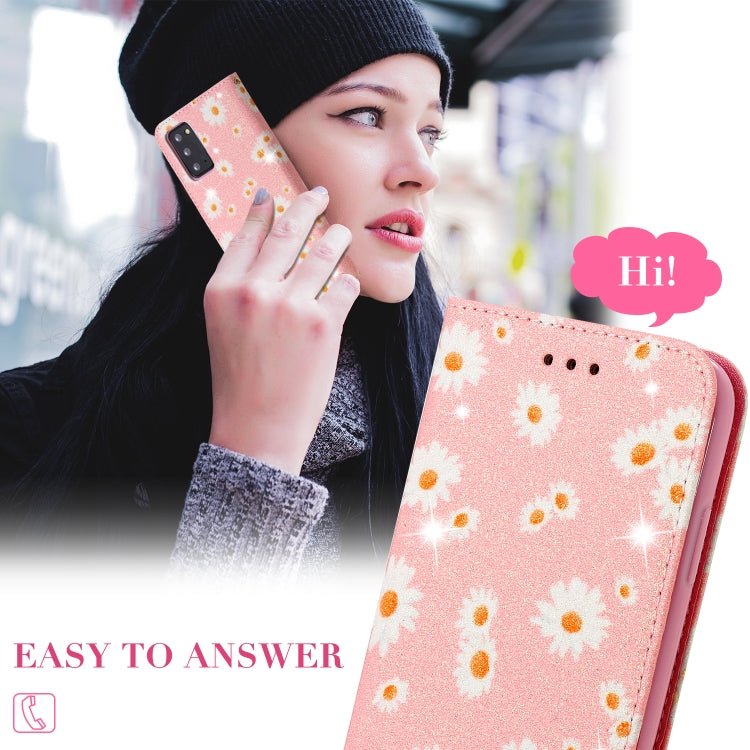 Glitzernde, magnetische horizontale Flip-Lederhülle mit Daisy-Motiv, mit Halterung, Kartenfächern und Bilderrahmen, für Samsung Galaxy Note20, für Samsung Galaxy Note20 Ultra, für iPhone 12 Pro Max, für iPhone 12/12 Pro, für iPhone 12 mini