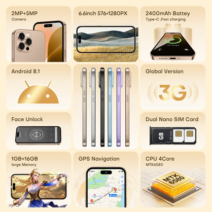 U218 / i16 Pro Max, 1GB+16GB, 6.6 inch Android 8.1 MTK6580A Quad Core, OTG, Network: 3G, Dual SIM, EU Plug, US Plug, UK Plug, AU Plug